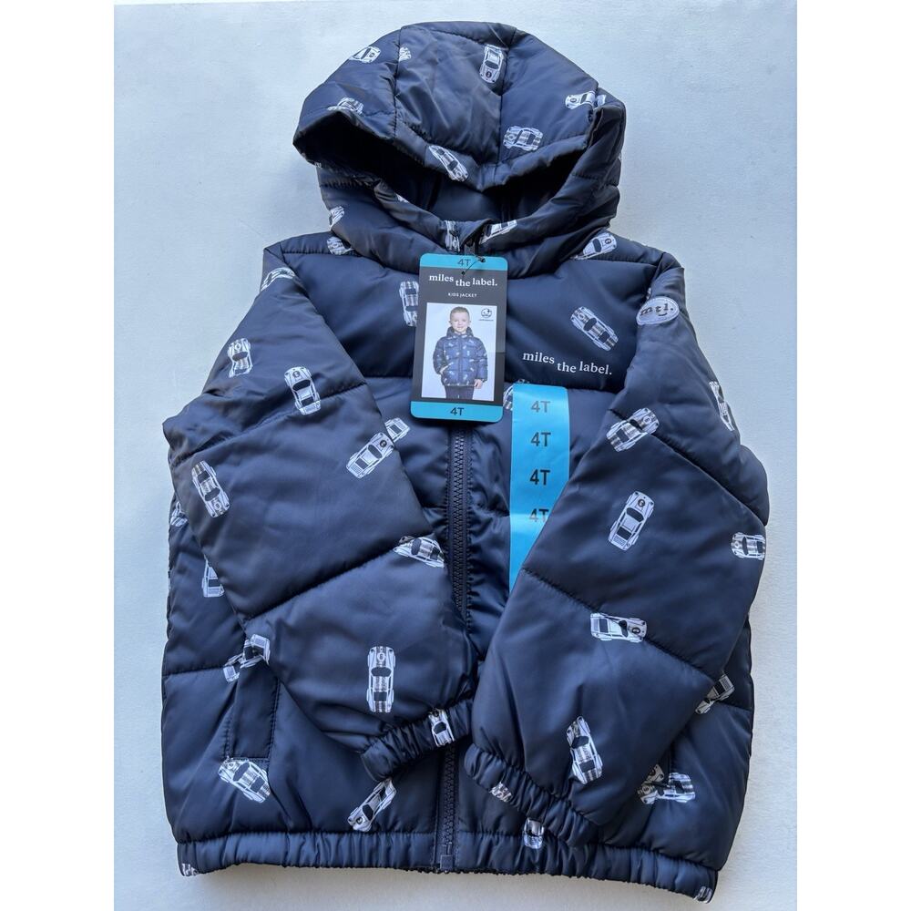 Miles the Label Kids Hooded Puffer Jacket Boys Navy Car Design Size 4T. NWT